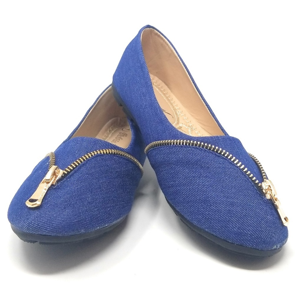 Women's Denim Zipper Ballet Flats, B-2844, Lt Blue - Picture 1 of 3